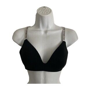 Victoria’s Secret Bra Womens 34C Black T-Shirt Lightly Lined Wireless Logo Strap